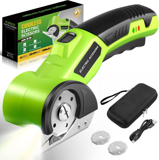 Cordless Electric Scissors, 4V Rechargeable Cardboard Cutter with 2600mAh Battery, Safety Lock, LED Light, 2 Blades, Electric Box Cutter for Cardboard, Fabric, Plastic, Leather, Cloth, DIY Crafts