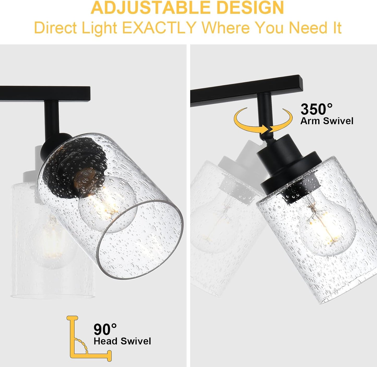 3-Light Black Track Lighting Kit Ceiling Mount Kitchen Track Lighting Fixtures, Bathroom Ceiling Tracking Vanity Light with Bubble Seeded Glass Shade & Rotatable Tracking Heads for Accent Shop