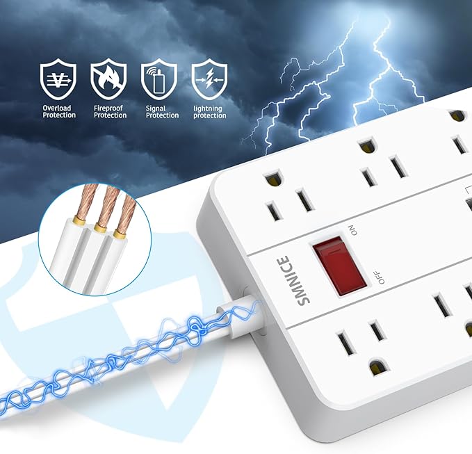 SMNICE Power Strip with USB, Surge Protector Flat Plug with 8 Widely Spaced - Image 4