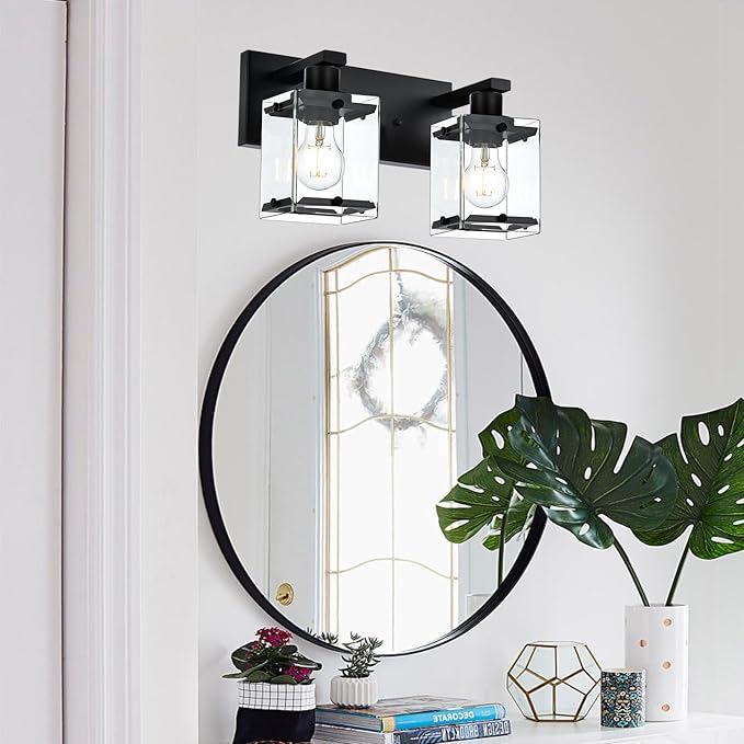 WINSHEN Black 2-Light Wall Sconce Bathroom Light Fixture, Rectangular Clear - Image 2