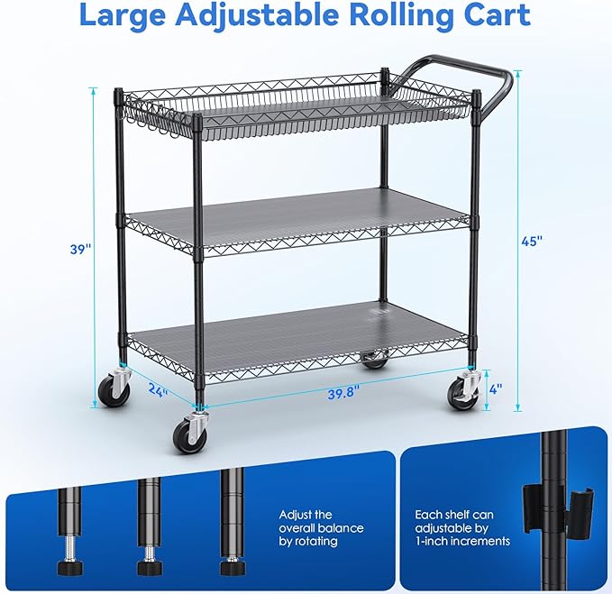 WDT 1350Lbs Capacity Heavy Duty Rolling Utility Cart, Large 3 Tier Rolling Carts - Image 6
