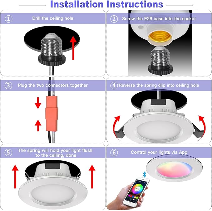 VANANCE 4" Smart Recessed Lighting 6 Pack, 2700K~6500K, Color Changing Retrofit - Image 6