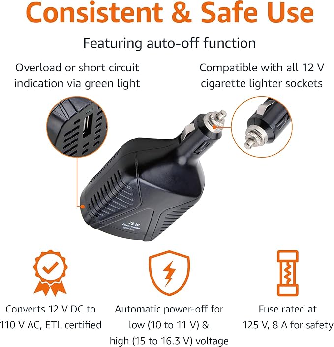 Amazon Basics 75W Car Power Inverter 12V to 110V - Image 3