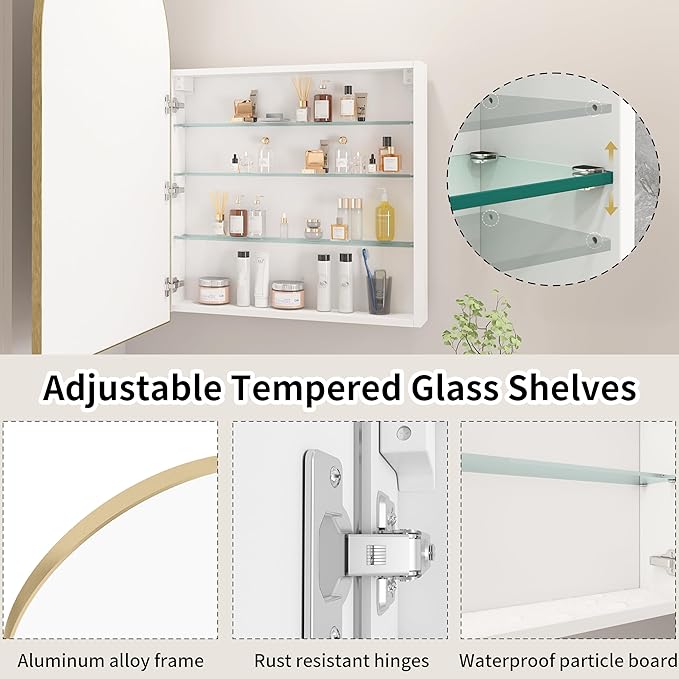 Gold Medicine Cabinet with Mirror, Bathroom Arched Medicine Cabinet Wall Mounted - Image 6
