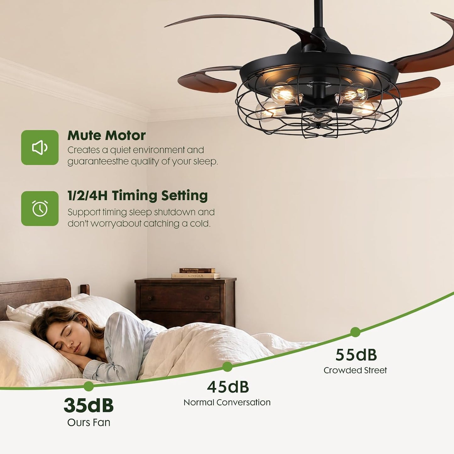 48" Rustic Ceiling Fan with Lights and Remote, Industrial Fandelier Ceiling Fan Black Retractable Invisible Ceiling Fan for Farmhouse Living Room Dining Room Bedroom Kitchen Garage