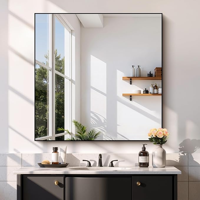 Black Bathroom Mirror for Wall, 39x39 Inch Rectangle Mirror by Welcometocofeny