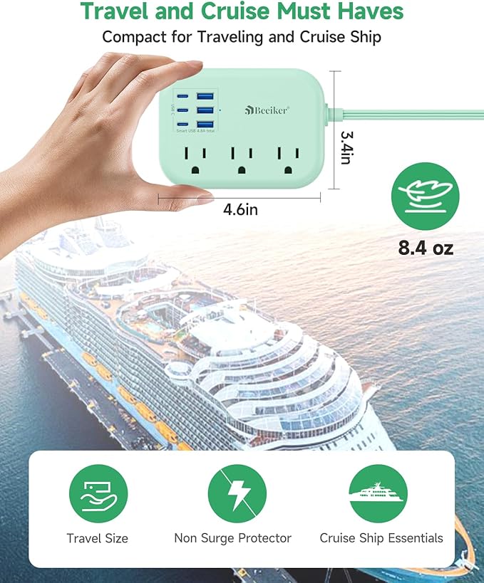 6 USB Green Travel Power Strip- 5Ft Green Extension Cord - Image 4