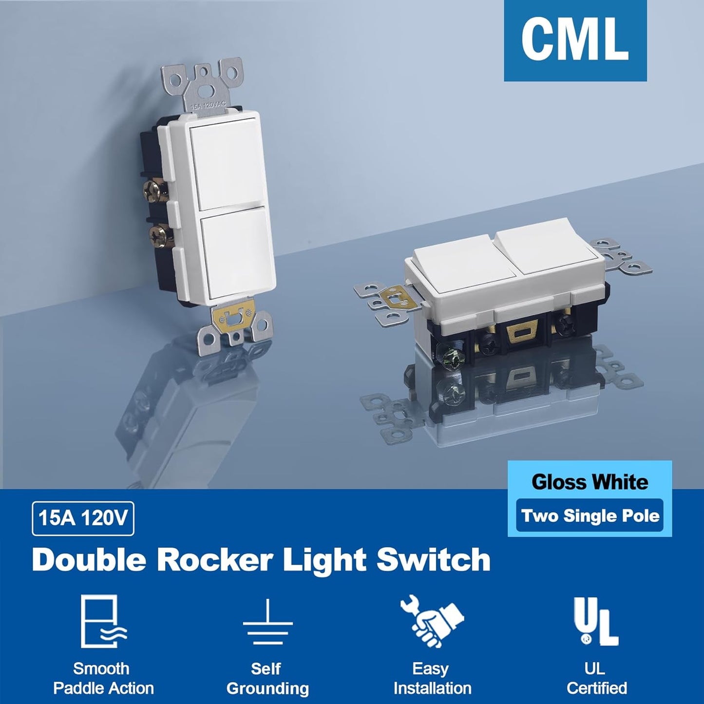 CML 20 Pack Decorator Double Rocker Light Switch, Two Single Pole Electrical Paddle, 15A 120V, in-Wall On/Off Interrupter, Self-Grounding, UL Listed, White