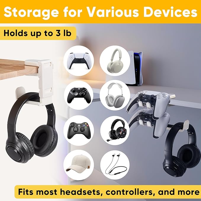 3-in-1 Under Desk Headphone Hanger - Image 2