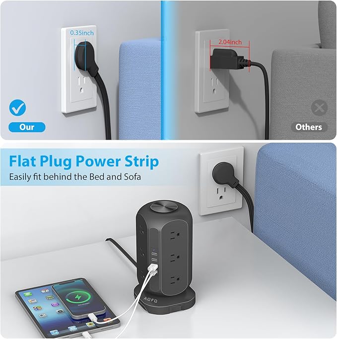 AOFO Long Extension Cord 15 ft Power Strip Tower, Surge Protector 12 AC Outlets - Image 2