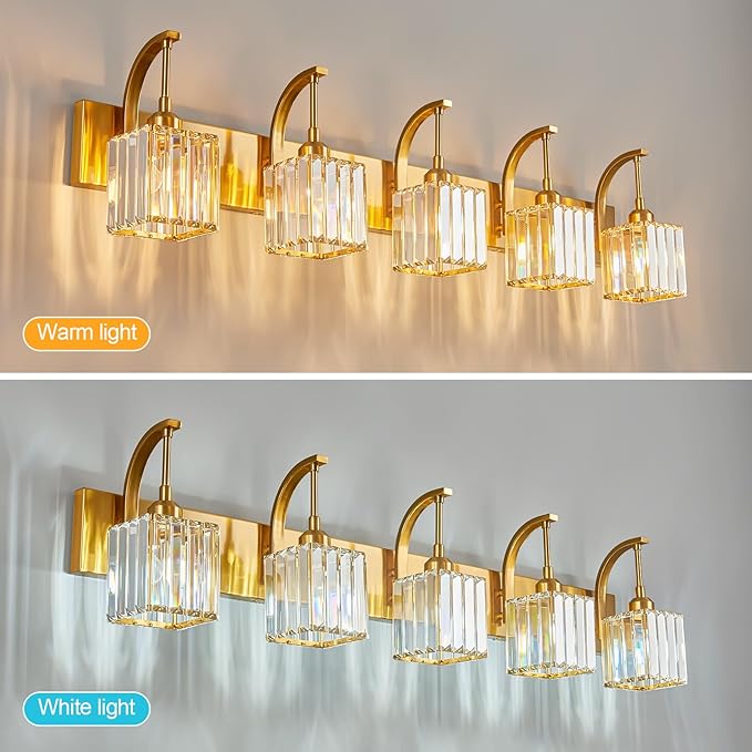 FDPBY 5-Light Crystal Vanity Light, Modern Gold Bathroom Wall Sconce - Image 3