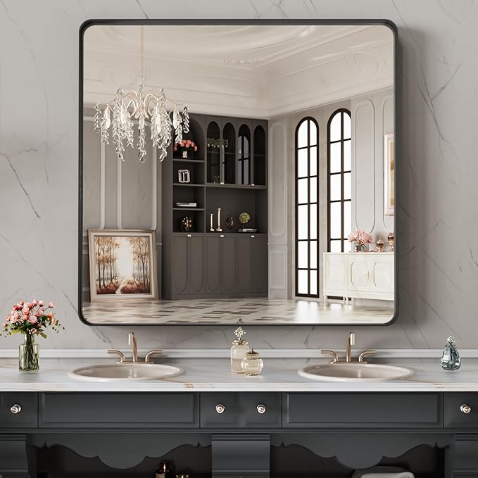 LOAAO 32X32 Inch Black Metal Framed Bathroom Mirror - Image 7