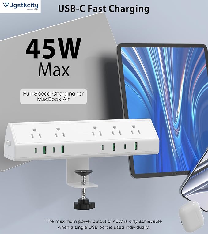 45W Fast Charging Station, Desk Clamp Power Strip, 4 PD USB-C Ports, 5 AC - Image 3