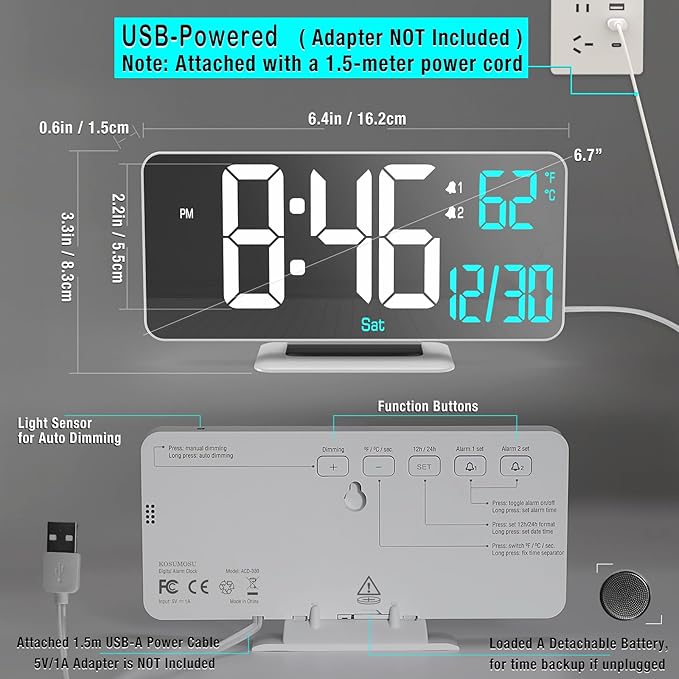KOSUMOSU Digital LED Clocks for Bedrooms 6.7in White Alarm Clock, Day of Week - Image 5