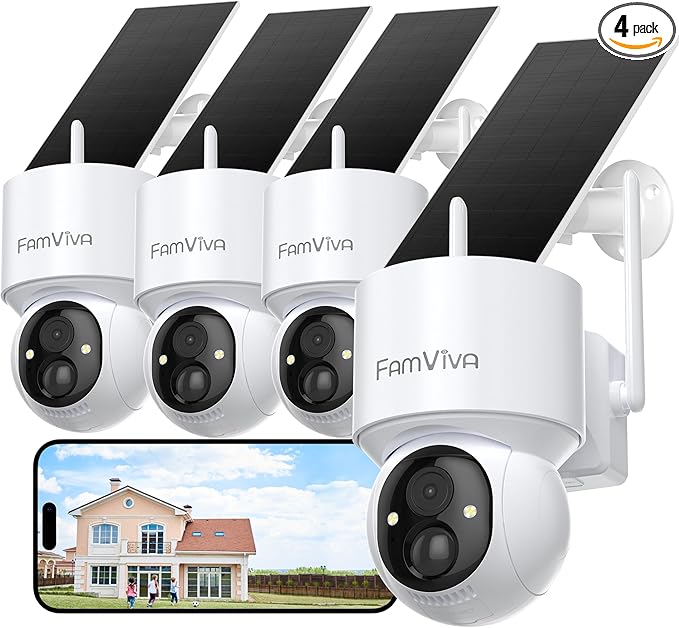 FAMVIVA 2K Solar Security Cameras Wireless Outdoor, 360°PTZ Battery Powered by FamViva
