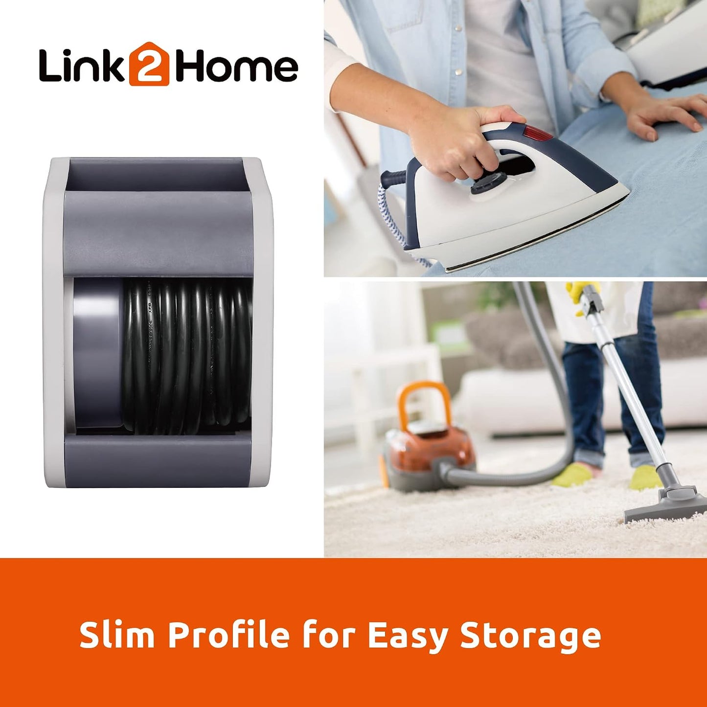 Link2Home 25 Ft. Extension Cord Storage Reel, 4 Grounded Outlets | 16/3 cable, overload reset button, compact design for garage or workshop