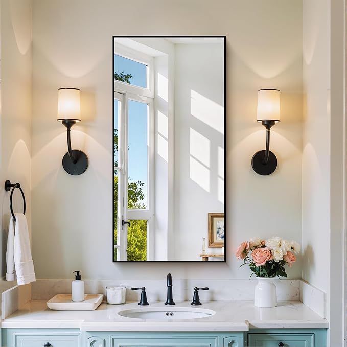 Black Bathroom Mirror for Wall, 20x40 Inch Rectangle Mirror by Welcometocofeny