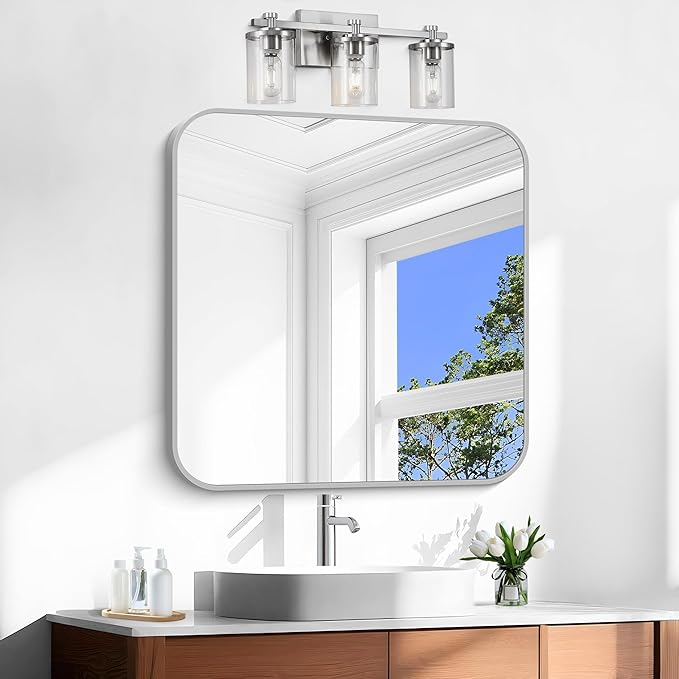Silver Bathroom Mirror, 30 x 30 Inch Silver Square Mirror, Metal Framed - Image 7