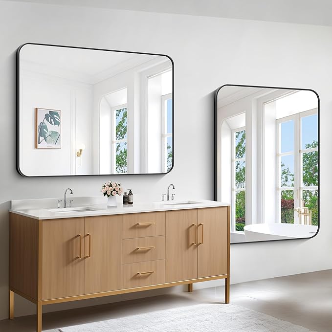Bathroom Mirror, 48x36 inch Black Rectangle Wall Mirror, Metal Frame Rounded - Image 4