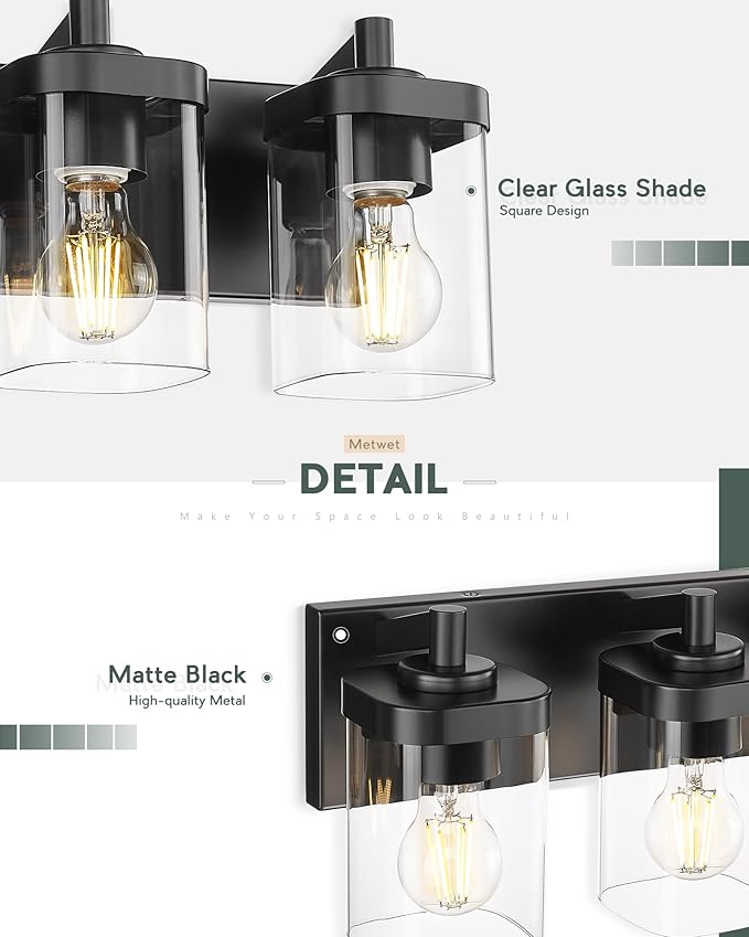 METWET Bathroom Light Fixtures Over Mirror, 3-Light Matte Black Vanity Light - Image 3