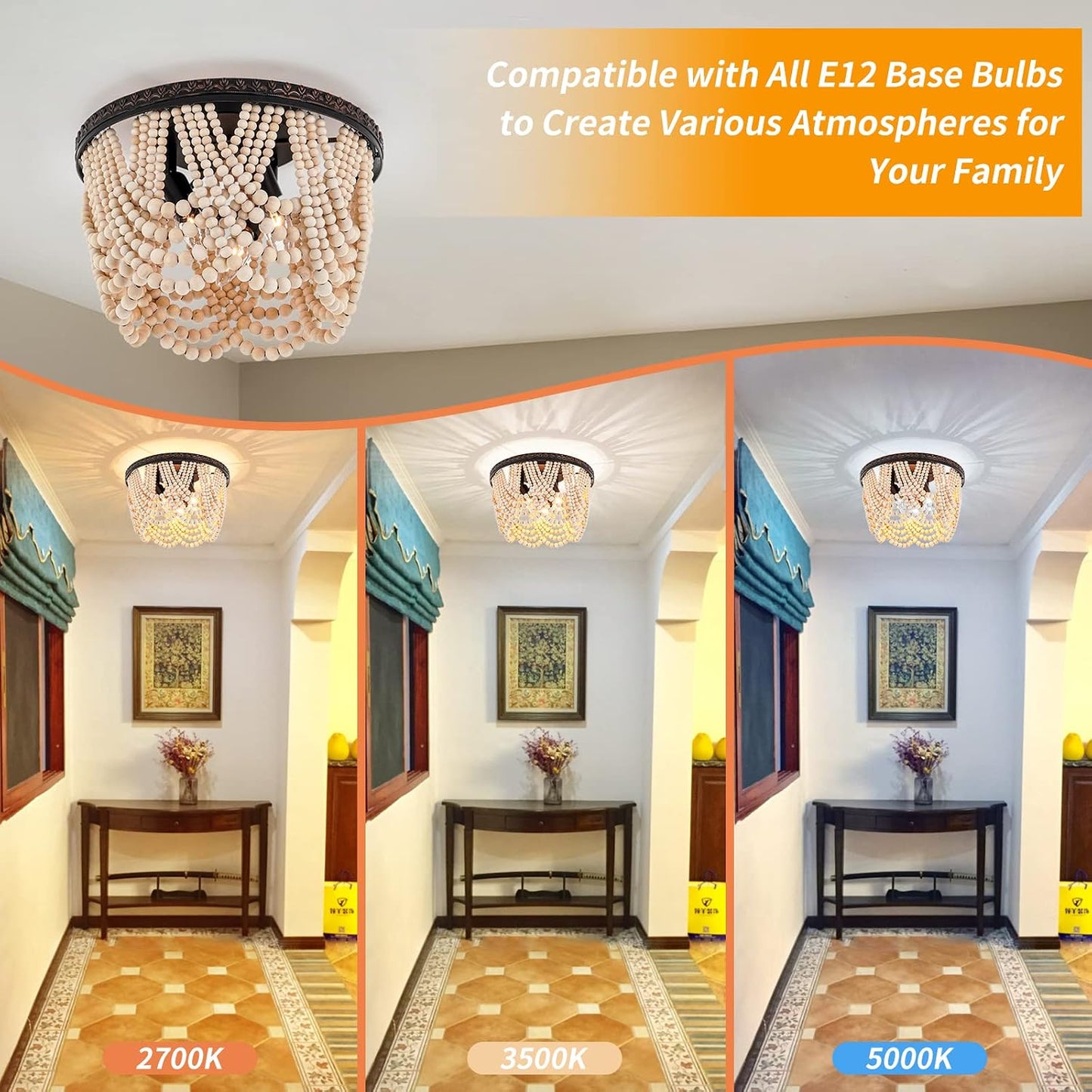 Boho Wood Beaded Chandelier, Bohemia 3 Lights Flush Mount Ceiling Light Fixtures with Engraving Pattern, Farmhouse Chandeliers for Living Room Passway Foyer Entryway Hallway Nursery, Oil Rubbed Bronze