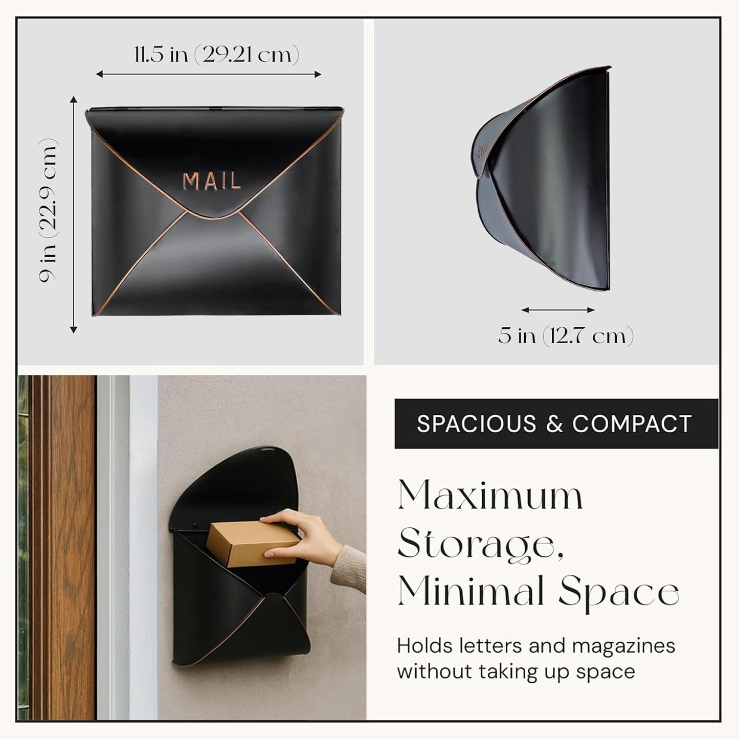 NACH Black Mailbox Wall Mount, 11.5 x 9 x 4.5 inch Wall Mount Mailboxes for Outside, Waterproof Mailboxes for Outside - Envelope Mailbox