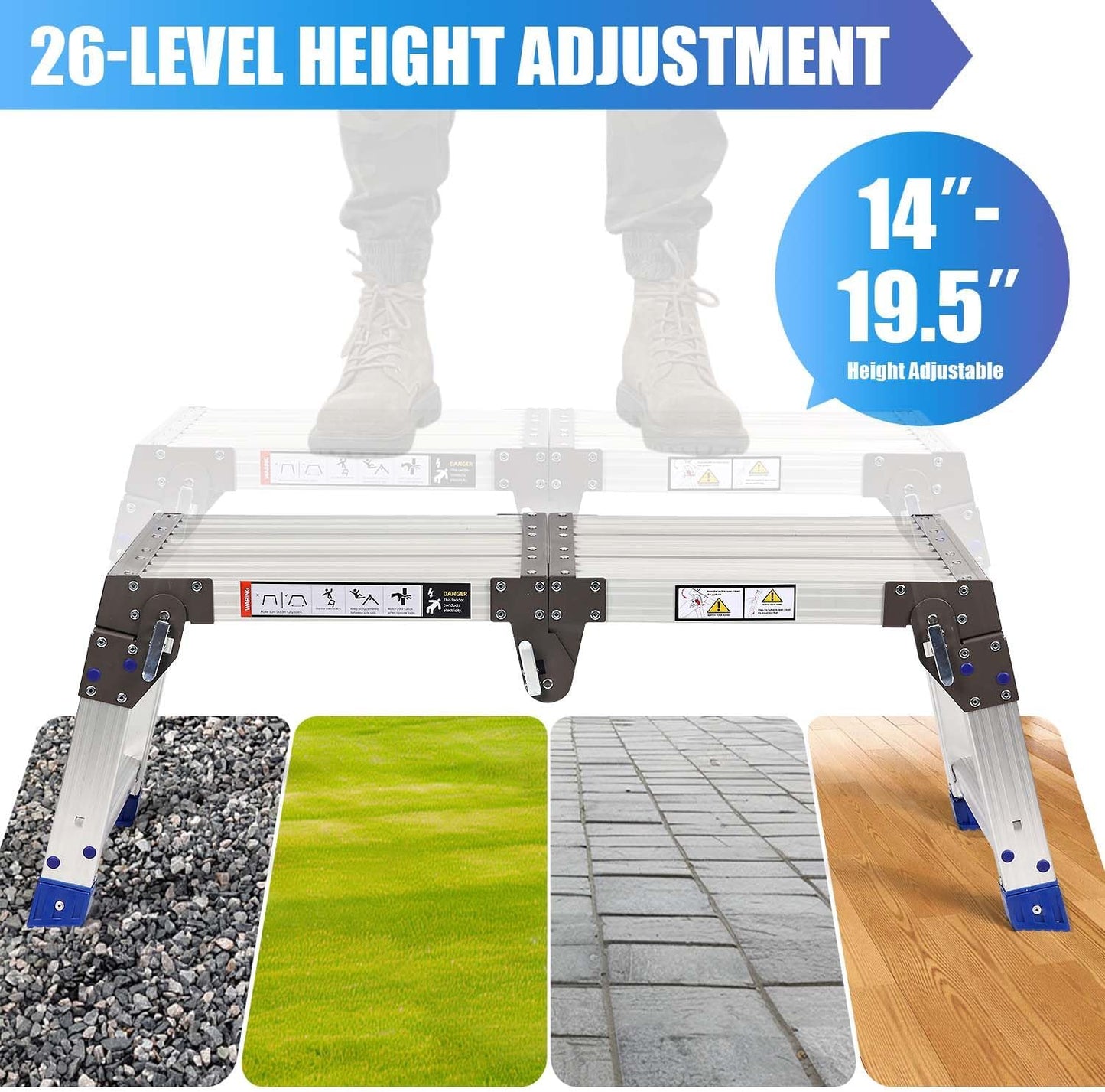 14-20” 26-Level Adjustable Aluminum Work Platform Bench Step Stool Ladder | 6/25” Increase, 800lbs Loading Capacity, Non-Slip Surface, Portable, Foldable, For Uneven Ground Car Washing Home Painting