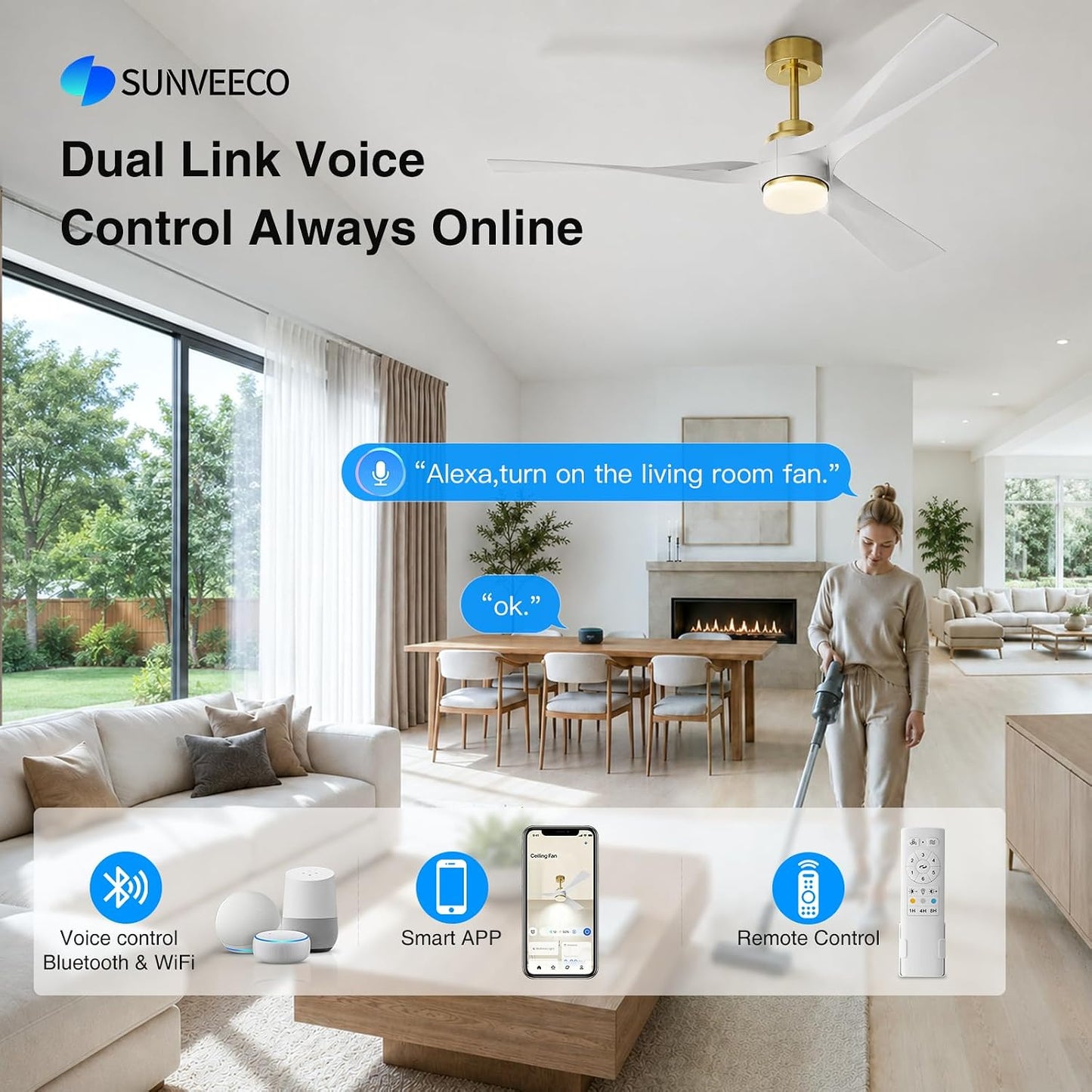 56 inch Modern Smart Ceiling Fan with Light, Gold White Outdoor Ceiling Fans for Patios with Alexa/Google/App and Remote Control, 3 Blade DC High CFM for Indoor Bedroom/Living Room/kitchen Ceiling Fan