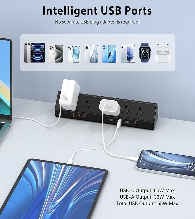 Desk Clamp Power Strip 65W Fast Charging Station, 4 PD USB-C, 5 Outlets - Image 5