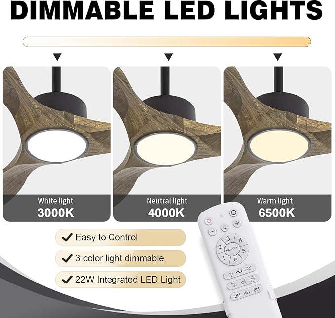 revoici Ceiling Fans with Lights Remote, 52inch Solid Amber Wood Ceiling Fan - Image 3