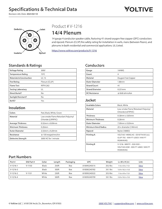 Voltive 14/4 Speaker Wire, Plenum CL3P, 250ft - Image 6