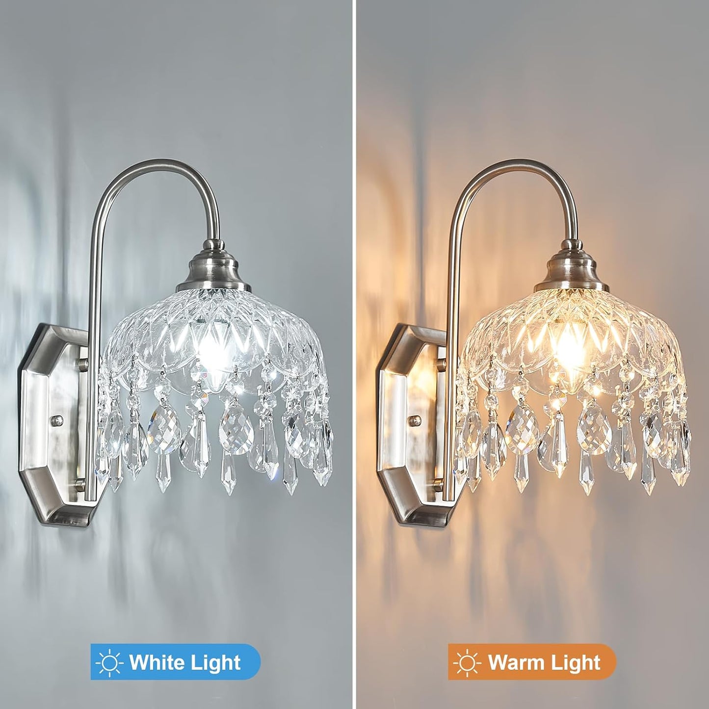2-Pack Vintage Wall Sconce,Glass Crystal Wall Sconce,Matte Brushed Antique Nickel Finish Set of Two for Bedroom Bathroom Hallway Living Room Decor