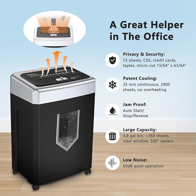 Bonsaii 15-Sheet Cross-Cut Paper Shredder, Heavy-Duty Office Use, 35-Min - Image 6