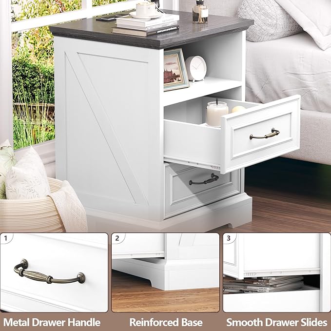 Nightstand with Charging Station, Rustic Farmhouse Wood Small Dresser, Bedside - Image 5