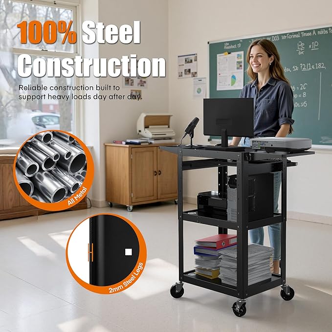All-Steel Rolling AV Cart with Adjustable Height & Built-in Power – Heavy-Duty - Image 3
