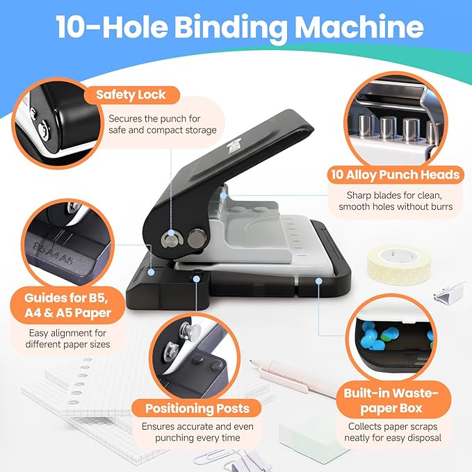 10-Hole Binding Machine for Planners, Metal Punch Loose Leaf Tool 26 Holes for - Image 3