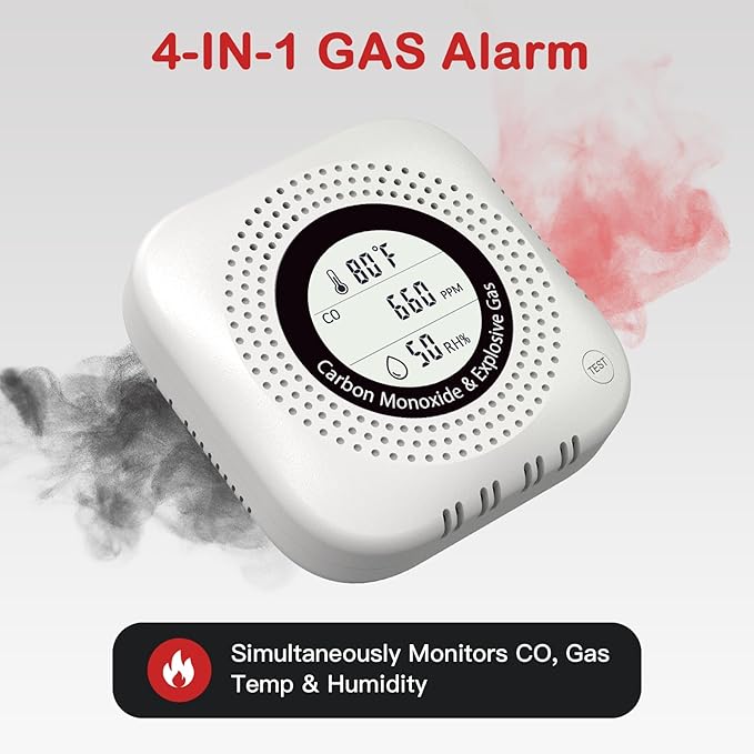 4-in-1 Carbon Monoxide & Natural Gas Leak Detector, Foldable Plug-in CO/Gas - Image 2