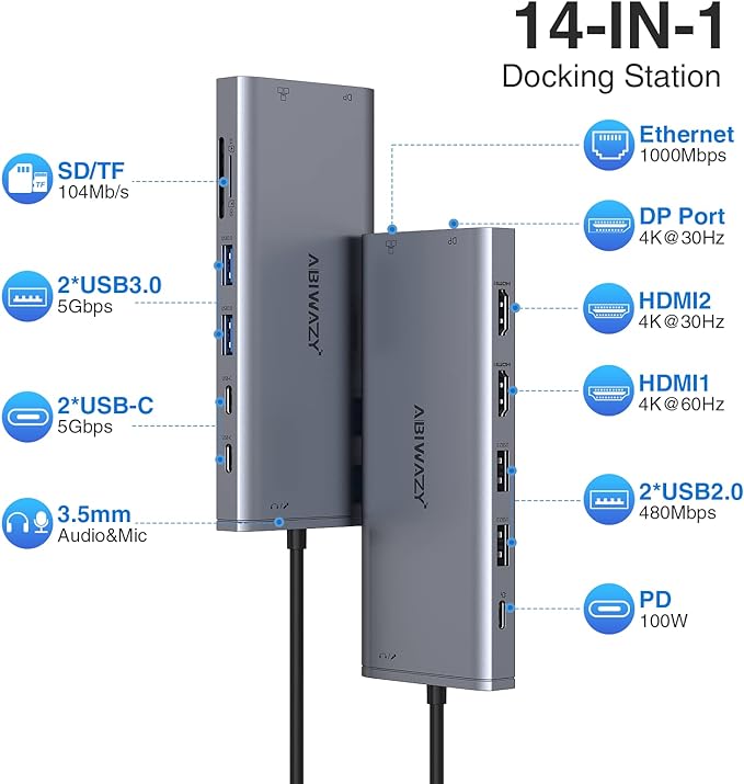 USB C Hub USB-C Docking Station Dual Monitor 14 in 1 Triple Display Multiport - Image 2