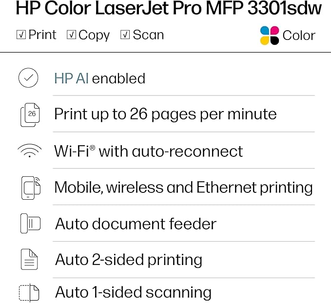 HP Color LaserJet Pro MFP 3301sdw Wireless All-in-One Color Laser Printer - Image 2