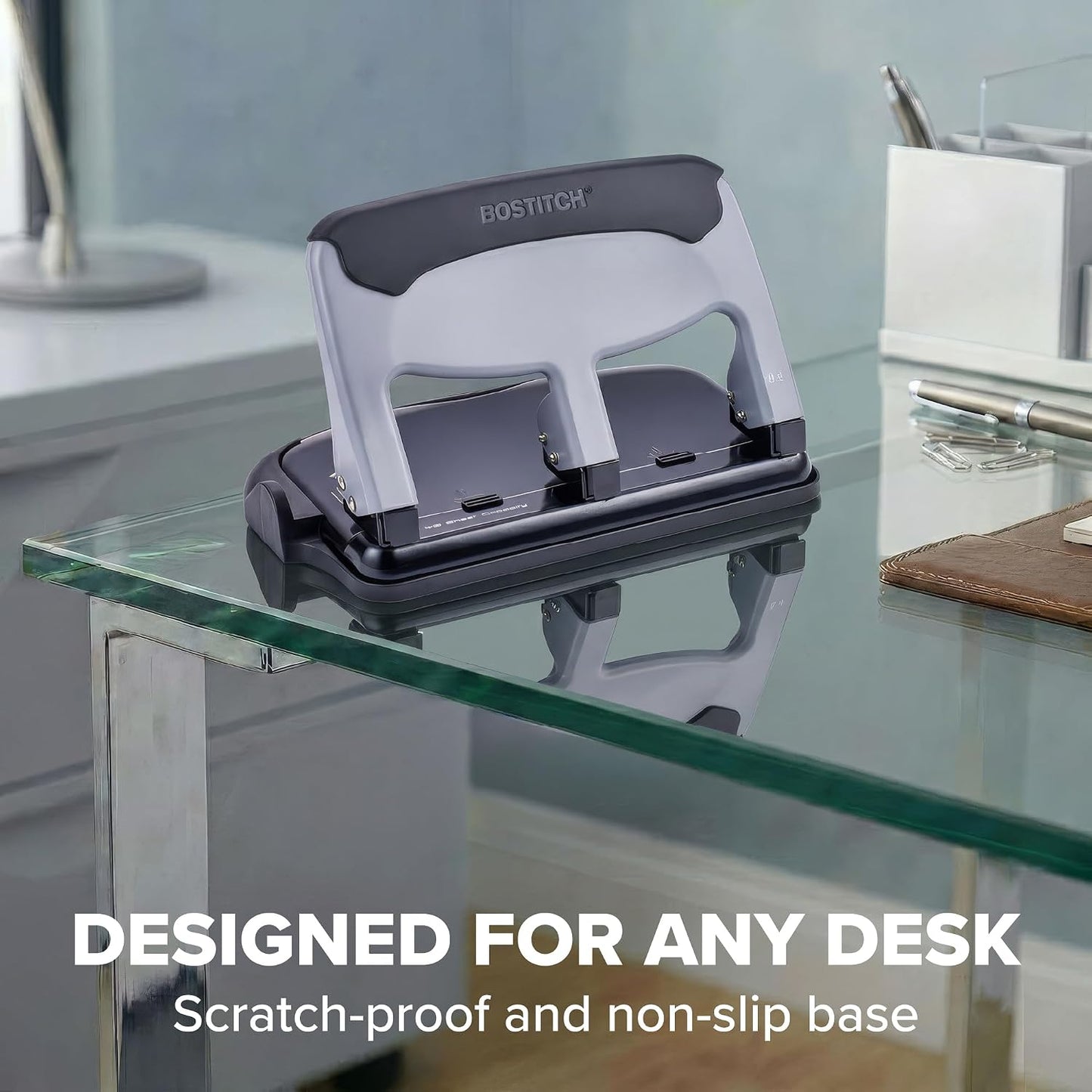 Bostitch EZ Squeeze 3 Hole Paper Punch, 40 Sheet Capacity, Heavy Duty Metal Office Hole Puncher with Chip Tray, Non-Slip Base & Paper Guide, 9/32" Holes for Binders, School & Home Office