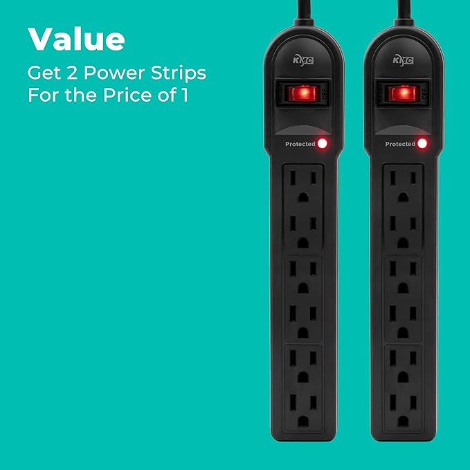 KMC 6-Outlet Surge Protector Power Strip 2-Pack, 900 Joules, 4-Foot Extension - Image 7