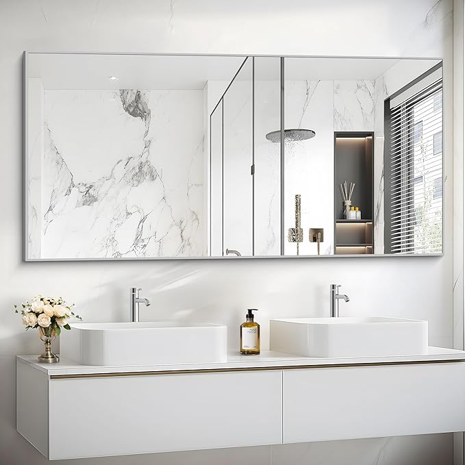30x55In Silver Bathroom Mirror for Wall, Brushed Nickel Rectangle Mirrors by Welcometocofeny
