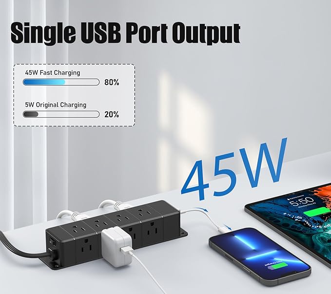 45W USB-C Fast Charging Under Desk Power Strip, 12 Outlet Mountable Power Strip - Image 2