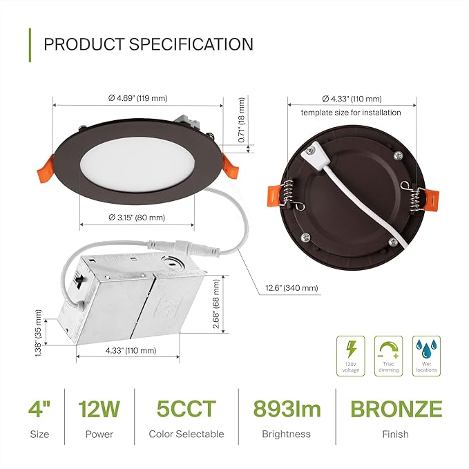 ASD 1 Pack LED Recessed Lighting 4 Inch 12W, 5 CCT 2700K-5000K CRI90+, IC Rated - Image 2