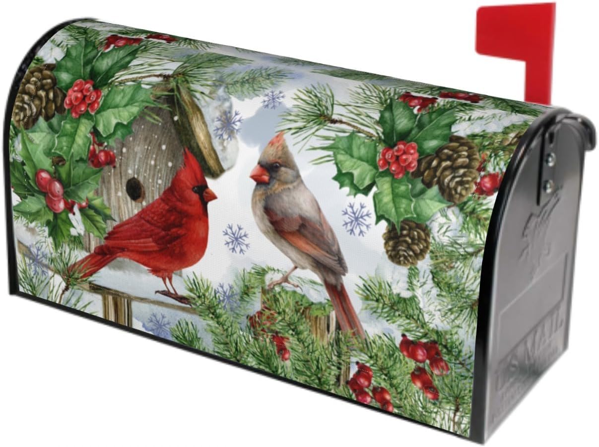 Winter Cardinal Christmas Mailbox Covers Magnetic Standard Size 18x21 Red Green Xmas Birds Holly Pine Print Decorative Mailbox Wrap Cover Holiday Decorations Outdoor Home Patio Garden Decor