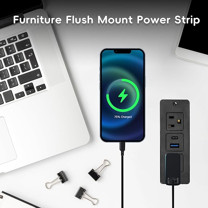 2 Pack 20W Recessed Power Strips USB, 2 AC + 1 USB-C + 1 USB-A, 6ft Cord - Image 3