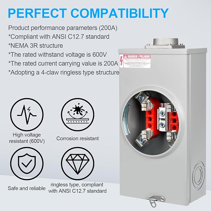 200 Amp Meter Socket, 4 Jaw Meter Base, 600V 3 Wire Ringless Type, - Image 3