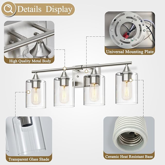 XPEHK 4-Light Bathroom Light Fixtures, Brushed Nickel Vanity Lighting Fixtures - Image 5