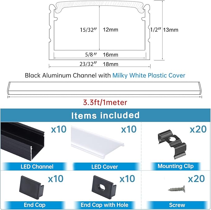 Muzata 10Pack 3.3FT/1M Plus-Size Spotless LED Channel Black LED Strip Diffuser - Image 5