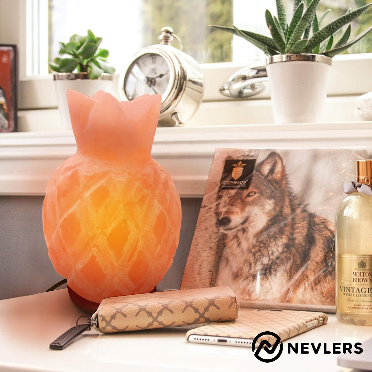 Nevlers Pineapple Shape Pink Himalayan Salt Lamp w/Wood Base for Home Decor | 7-8 lbs & 7"- 8" Tall Himalayan Pink Salt Lamp w/Dimmer Cord & Light Bulb | 100% Salt Rock Lamp | Ambient Salt Crystal Lamp